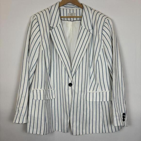 LOFT Plus Linen Blend Blue and White Vertical Nautical Striped Blazer Size: 24 - Picture 2 of 7